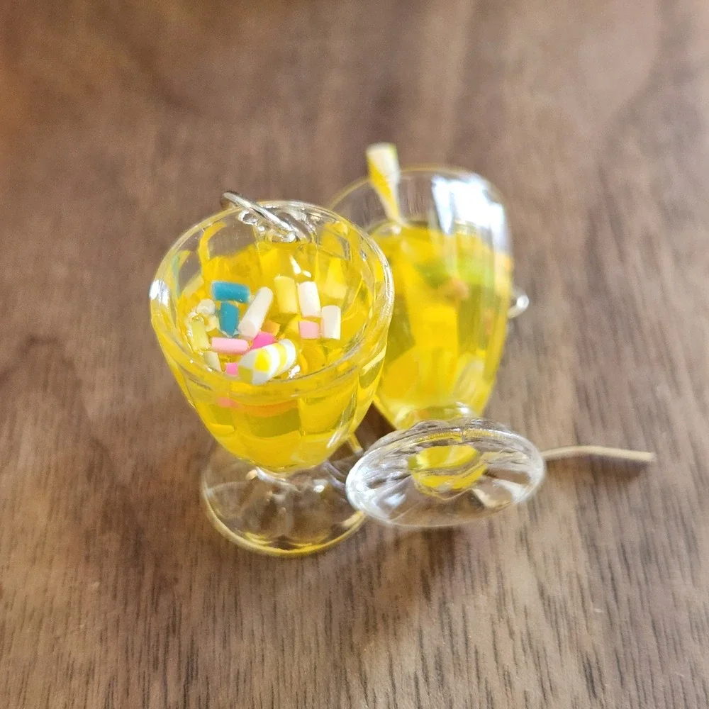 Handmade Yellow Lemonade Glass Drink Earrings Miniature Food Dangle Drops Summer